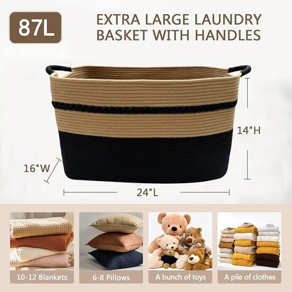Extra large laundry basket woven from natural cotton rope with handles storage blankets for living rome big decorative quilted baskets for clothes toys pillows hamper 24"x16"x14" black