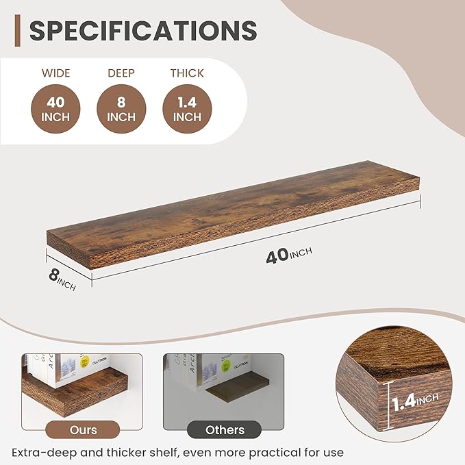 Acovy 40 Inch Floating Shelves, 8 Inch Deep Floating Shelves for Wall, Hanging Shelf with Invisible Brackets, Deep Shelves for Bathroom, Bedroom, Living Room, Brown, Set of 2