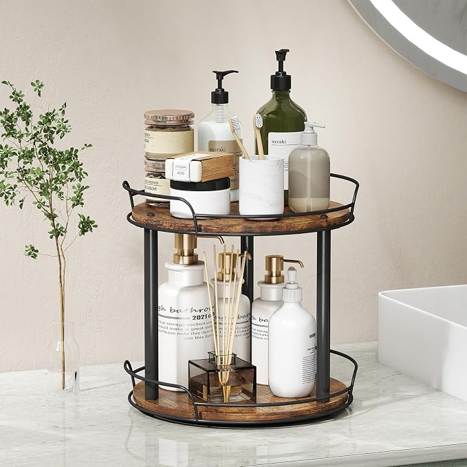 LAMU 12'' Wood Lazy Susan Turntable Organizer for Cabinet, 2 Tier Lazy Susan Spice Rack Organizer for Kitchen, Table Top, Countertop, Pantry, Bathroom