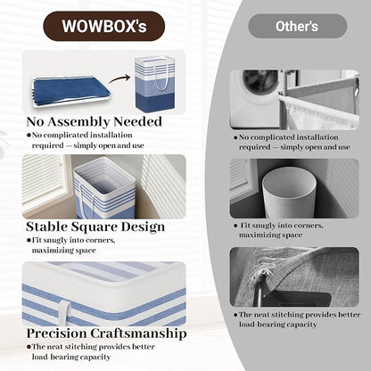 WOWBOX 2 Pack Laundry Baskets, Laundry Hampers, Freestanding Dirty Clothes Hampers with Reinforced Handles & Cross Stitch & Waterproof Coating, for Laundry Bedroom Bathroom Dorm,75L Blue