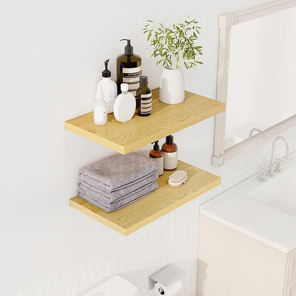 Dreamland 24" Floating Shelves for Wall, 12" Deep Slim Oak Floating Shelves, Wall-Mounted Shelves for Bedroom, Living Room, Kitchen, Bathroom - Set of 2