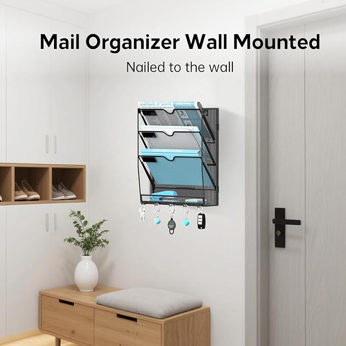 2 Pack 4 Tier Wall File Organizer - Hanging File Organizer with 5 Hooks, Mail Holder Wall Mounted for Papers, Folders, Magazines, Bills, Office&School Organization, Black