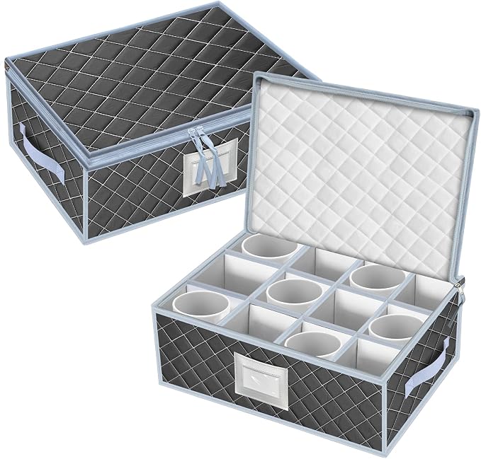 Mug and Cup Storage Box with Dividers - 2 Pack China Storage Bin Containers Holds 24 Glassware, Stackable Coffee Mug Organizer Bin and Tea Cup with 2 Metal Zipper,Label and Handles (Grey)