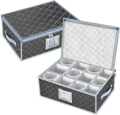 Mug and Cup Storage Box with Dividers - 2 Pack China Storage Bin Containers Holds 24 Glassware, Stackable Coffee Mug Organizer Bin and Tea Cup with 2 Metal Zipper,Label and Handles (Grey)