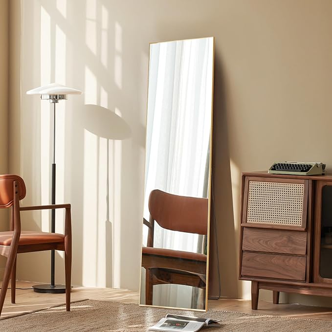 NEWBULIG Mirror Full Length, 16"x59" Body Wall Mirrors with Shatter-Proof Glass, Upgraded Floor Standing Mirror, Hanging or Leaning, with Stand Aluminum Alloy Frame for Home Decor, Bedroom, Gold