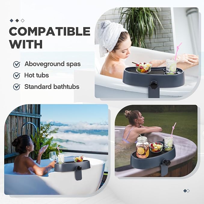 Geelin 1 Pc Hot Tub Table Tray, Adjustable Aboveground Bathtub Tray with 2 Cup Holder, Between 2'' to 7.5'' Nonslip Hot Tub Accessories Shelf Drinks Snacks Phone Holder for Spa Bathtub (Navy Blue)