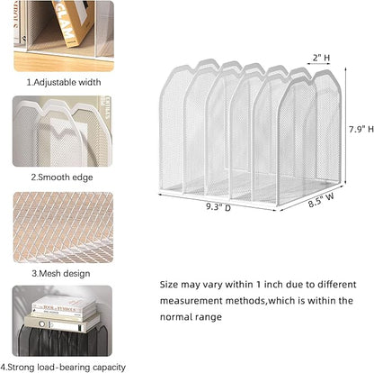 White 5-Section File Folder Organizer for Desk – 8.5"×9.3" Metal Vertical File Holder, Desktop File Organizer Vertical Stand, Letter/A4 Upright File Sorter