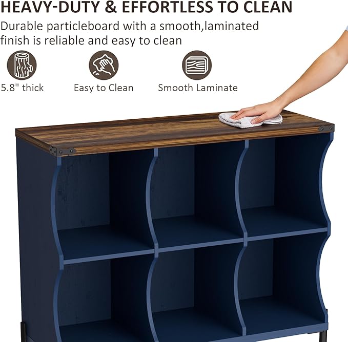 6 Cube Book Shelf, Low and Short Bookshelf, Long Cube Storage Organizer Wood TV Stand, Toy Organization DVD Cabinets for Living Room, Office, Bedroom, Dorm, Blue with Natural Top
