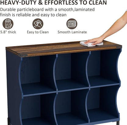 6 Cube Book Shelf, Low and Short Bookshelf, Long Cube Storage Organizer Wood TV Stand, Toy Organization DVD Cabinets for Living Room, Office, Bedroom, Dorm, Blue with Natural Top