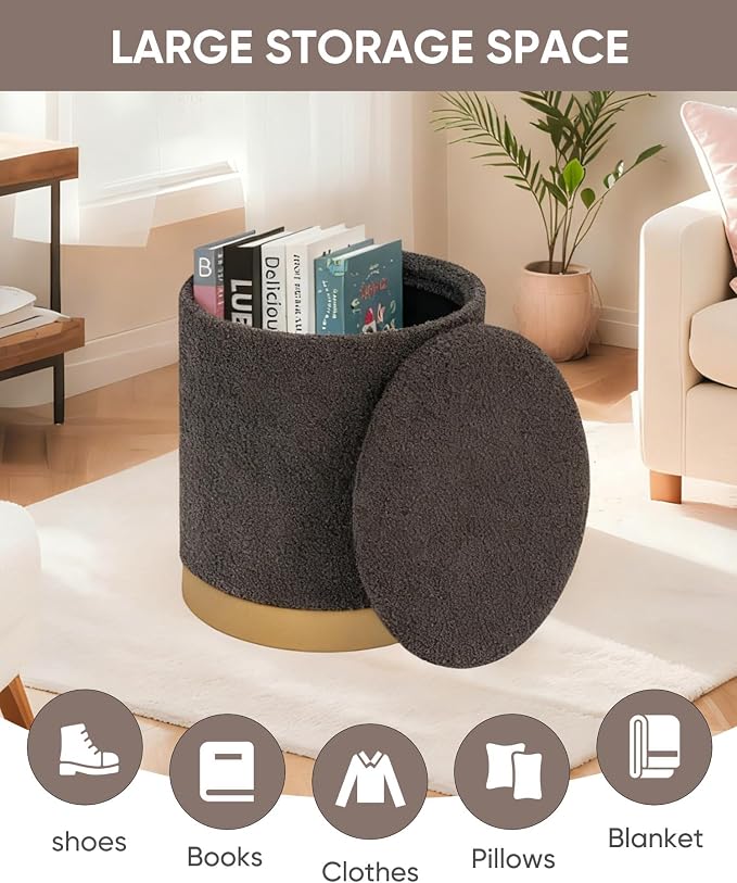 B FSOBEIIALEO Ottoman with Stroage, Round Boucle Storage Ottoman with Gold Plating Base,Foot Rest Stool for Dorm Room, Living Room Dark Grey, 16.73"x16.73"x17.72"