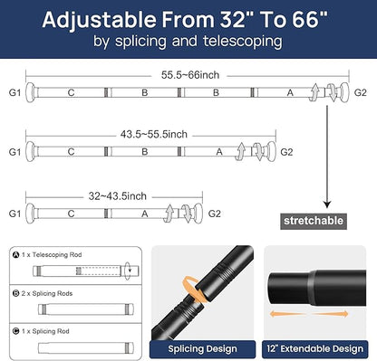 ENJOYBASICS 2 Pack Adjustable Spring Tension Curtain Rods 32 to 66 Inches, Stainless Steel Matte Black Shower Rod No Drilling for Window, Bathroom, Closet, Room Divider, 7/8" Diameter