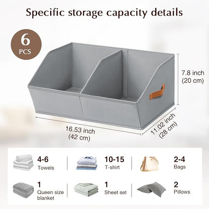 Homsorout Closet Organizers and Storage Bins - 6 Pack Collapsible Divided Trapezoidal Cube Storage Bins Baskets For Organizing Clothes Blankets,Toys, Books, Towels(Light Grey)