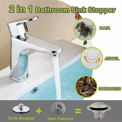 Bathroom Sink Drain Stopper,Pop Up Sink Stopper Universal 2-in-1 Design with Hair Catcher, Bathroom Sink Stopper and Anti-Clog Strainer for 1 1/8"-1 1/2" Drain Holes,Brushed Nickel,1 Pack