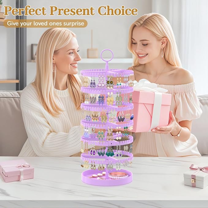MODOWEY 6 Tier Rotating Earring Holder Organizer Display Tree with Metal Tray, Adjustable Plastic Stand with 342 Slots for Stud Hoop Hanger, Large Capacity Storage Rack for Women, Purple