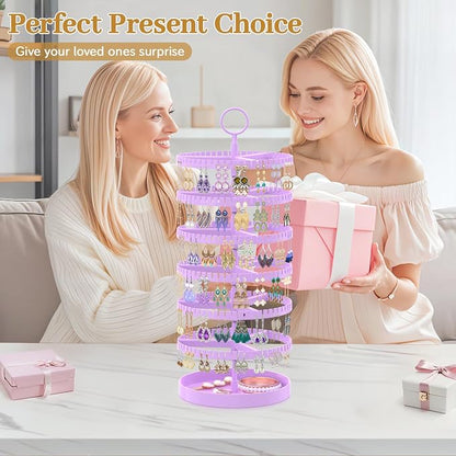 MODOWEY 6 Tier Rotating Earring Holder Organizer Display Tree with Metal Tray, Adjustable Plastic Stand with 342 Slots for Stud Hoop Hanger, Large Capacity Storage Rack for Women, Purple