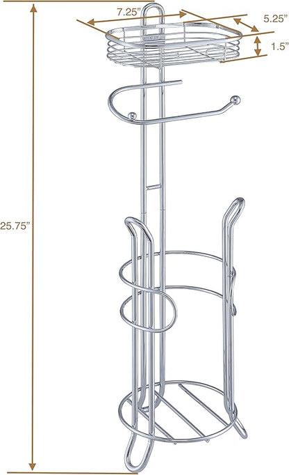 SunnyPoint Bathroom Heavyweight Toilet Tissue Paper Roll Storage Holder Stand with Reserve and Shelve, The Reserve Area Has Enough Space to Store Mega Rolls. (Chrome)