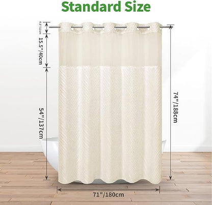 Cream No Hook Tufted Shower Curtain with snap-in Liner for Bathroom, Boho Farmhouse Style with See Through Top Window, no Hook Shower Curtain and Liner Set, Beige/Cream, 71Wx74H
