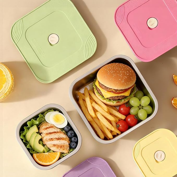 4-Piece Stainless Steel Lunch Box with Lids Set, Stackable Metal Food Storage Containers, Leakproof Lunch Containers, Dishwasher Safe Bento Box, Snack Containers (Size 4.5", 5.5", 6.3", 7")
