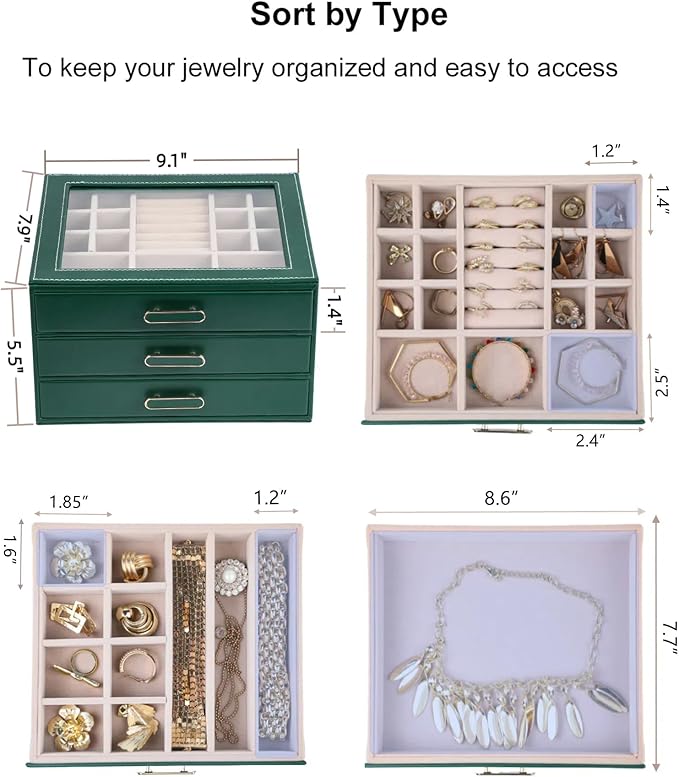 3 Layer Jewelry Organizer Box with Glass Lids & 3 Drawers - Elegant Storage Solution for Necklace, Rings，Earrings, and Bracelets - Perfect for Women ASK-301 (Green)