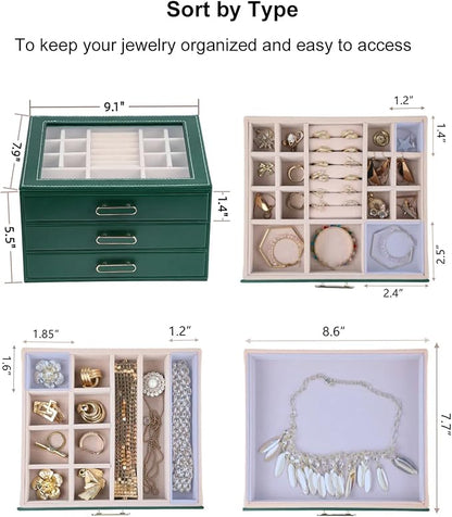 3 Layer Jewelry Organizer Box with Glass Lids & 3 Drawers - Elegant Storage Solution for Necklace, Rings，Earrings, and Bracelets - Perfect for Women ASK-301 (Green)