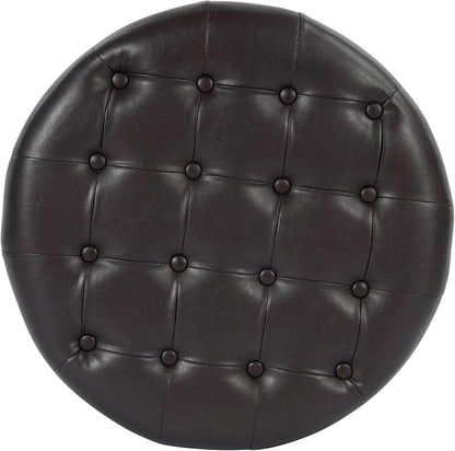 Homepop Home Decor | Button Tufted Faux Leather Round Storage Ottoman | Ottoman with Storage for Living Room & Bedroom (Distressed Brown)