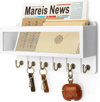 Rebee Vision Farmhouse Key Holder for Wall with Mail Organizer : Decorative Mesh Basket with 6 Sturdy Key Hooks – Wall Mount Home Decor for Office，Entryway, Hallway, Apartment (Rustic White)