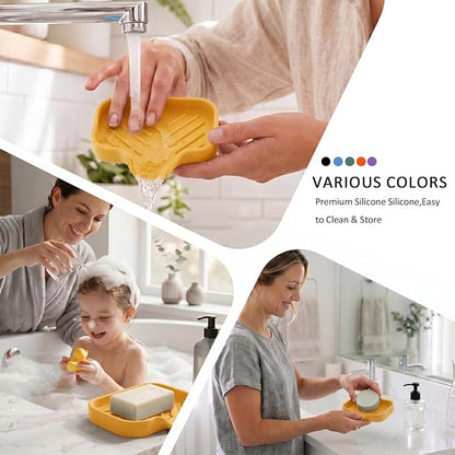 MicoYang Silicone Soap Dish with Drain Spout, Self-Draining Sink Organizer Tray for Bathroom and Kitchen, Sponges, Dispensers and Soap Holder, Non-Slip & Dishwasher Safe, Yellow (Compact, 4.9"×3.2")