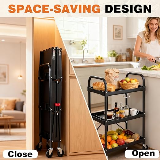 DUMOS 3-Tier Folding Utility Cart, Collapsible Service Cart with 4 Swivel Wheels and Brakes, 120LBS Capacity & Collapsible Storage Rolling Cart for Kitchen, Office, Garden, Garage, Pure Black