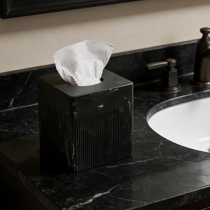 Tissue Box Cover Square Resin Tissue Holder for Home Decor, Hand Poured Marble Tissue Box Holder, 5 x 5 x 5.5 inches, Black