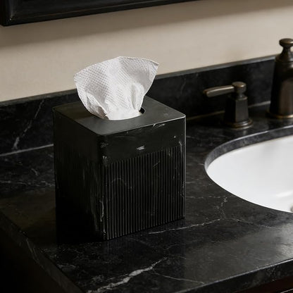 Tissue Box Cover Square Resin Tissue Holder for Home Decor, Hand Poured Marble Tissue Box Holder, 5 x 5 x 5.5 inches, Black