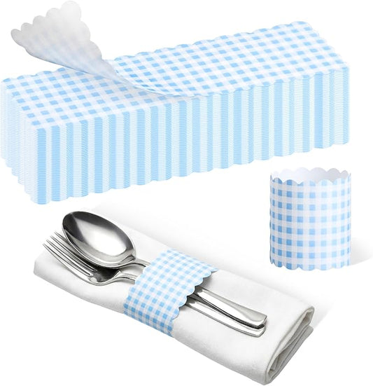 300 Pcs Blue White Plaid Paper Napkin Rings Disposable Napkin Bands Self Adhesive Summer Silverware Wrap Band for Birthday Holiday Party Dinner Table Setting Decoration
