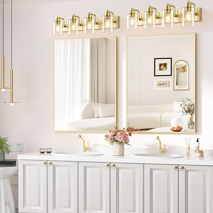 Gold Bathroom Light Fixtures,Gold Vanity Light Wall Sconces,4-Light Bathroom Lights Over Mirror with Clear Glass Shade for Kitchen Living Room Bedroom