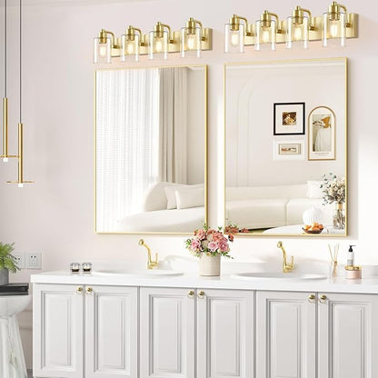 Gold Bathroom Light Fixtures,Gold Vanity Light Wall Sconces,4-Light Bathroom Lights Over Mirror with Clear Glass Shade for Kitchen Living Room Bedroom