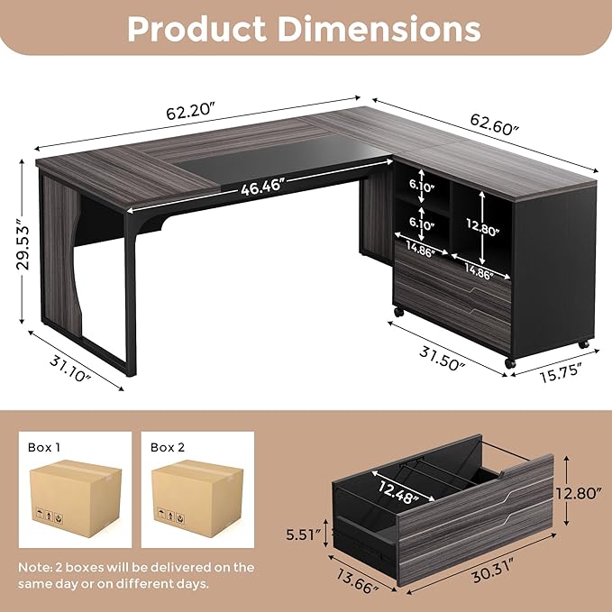 L Shaped Executive Computer Desk with Mobile File Cabinet and LED Light, 63 inch Large Office Table Business Furniture with Storage and Drawers for Home Office, Gray and Black