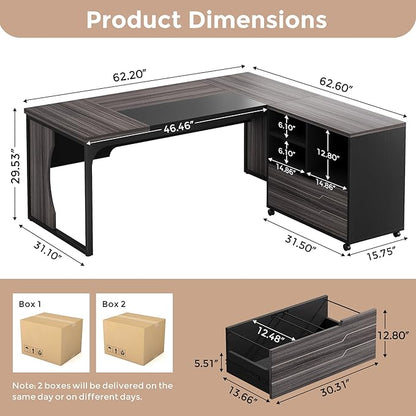 L Shaped Executive Computer Desk with Mobile File Cabinet and LED Light, 63 inch Large Office Table Business Furniture with Storage and Drawers for Home Office, Gray and Black