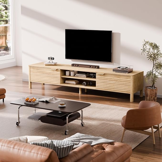 IKALIFE TV Stand for Living Room - up to 80 Inch TVs Mid Century Modern Entertainment Center with Storage and Adjustable Shelves, Media Console Table Oak 71"