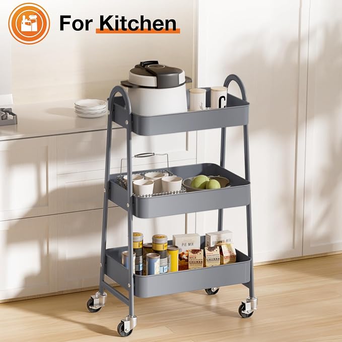 NEWBULIG 3-Tier Metal Rolling Cart with Lockable Wheels, Heavy Duty Mobile Utility Storage Shelf, Roller Book Snack Cart, Grey