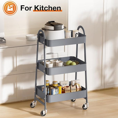 NEWBULIG 3-Tier Metal Rolling Cart with Lockable Wheels, Heavy Duty Mobile Utility Storage Shelf, Roller Book Snack Cart, Organization for Livingroom, Bathroom, Office, Grey