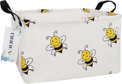 Rectangular Bee Pattern Storage Bin, Decorative Canvas Laundry Basket with Dual Handles, Foldable Toy & Household Organizer, Multipurpose Party Gift Basket for Home Bedroom Dorm(Bee)