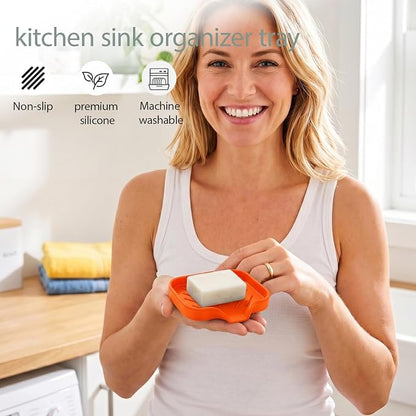MicoYang Silicone Soap Dish with Drain Spout, Self-Draining Sink Organizer Tray for Bathroom and Kitchen, Sponges, Dispensers and Soap Holder, Non-Slip and Dishwasher Safe, Orange (Compact, 4.9"×3.2")