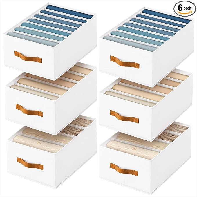 DIMJ Wardrobe Clothes Organizer - 4/5/7 Grids Foldable Closet Drawer Organizer Dividers for Jeans, Pants, Sweater, T Shirt, Storage Bins with Handles for Shelf