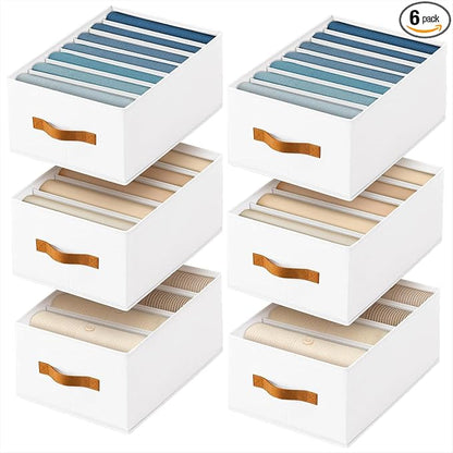 DIMJ Wardrobe Clothes Organizer - 4/5/7 Grids Foldable Closet Drawer Organizer Dividers for Jeans, Pants, Sweater, T Shirt, Storage Bins with Handles for Shelf