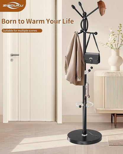 Metal Coat Rack with Natural Marble Base, Coat Rack Stand with 10 Hooks & Umbrella Holder, Black Modern Freestanging Coat Racks, Coat Jacket Hanger Tree Stand for Corner Entryway Office