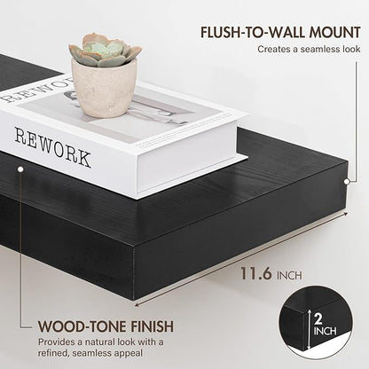 Acovy 48 Inch Floating Shelves, 12" Deep Floating Shelf Wall Mounted, 48" Wall Shelves, Rustic Deep Bookshelf, Extra Deeper & Thicker Display Shelves for Bedroom, Living Room, Black, Set of 2