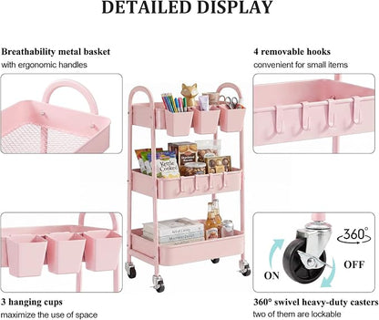 danpinera 3-Tier Rolling Cart, Utility Cart Mobile Metal Rolling Storage Cart with Lockable Wheels & Hanging Cups & Hooks for Kitchen, Bathroom, Office, Workshop, Pink