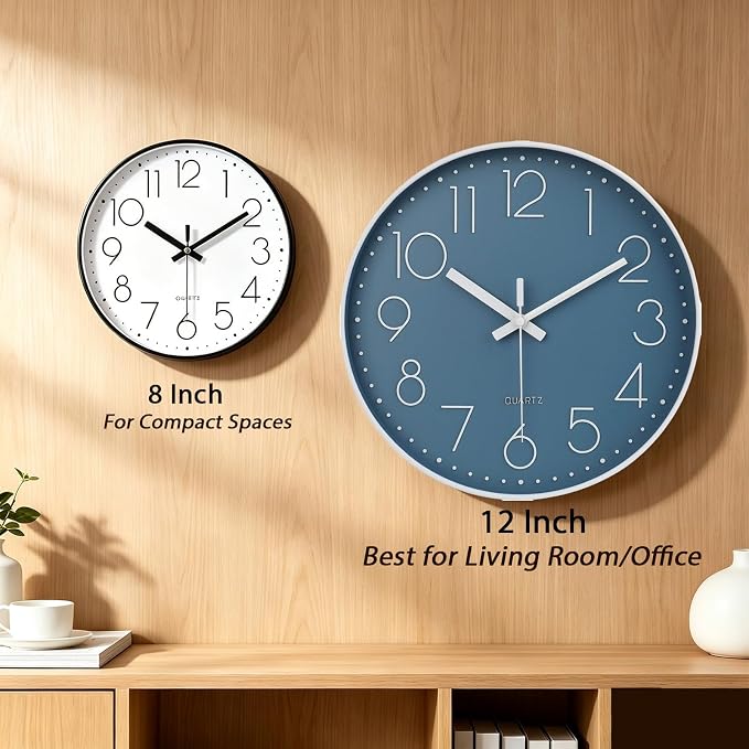 jomparis 12 Inch Silent Non-Ticking Battery Operated Quality Quartz Round Wall Clock Modern Decor Clock for Home Office Bedroom Bathroom(Cerulean/Blue Color)
