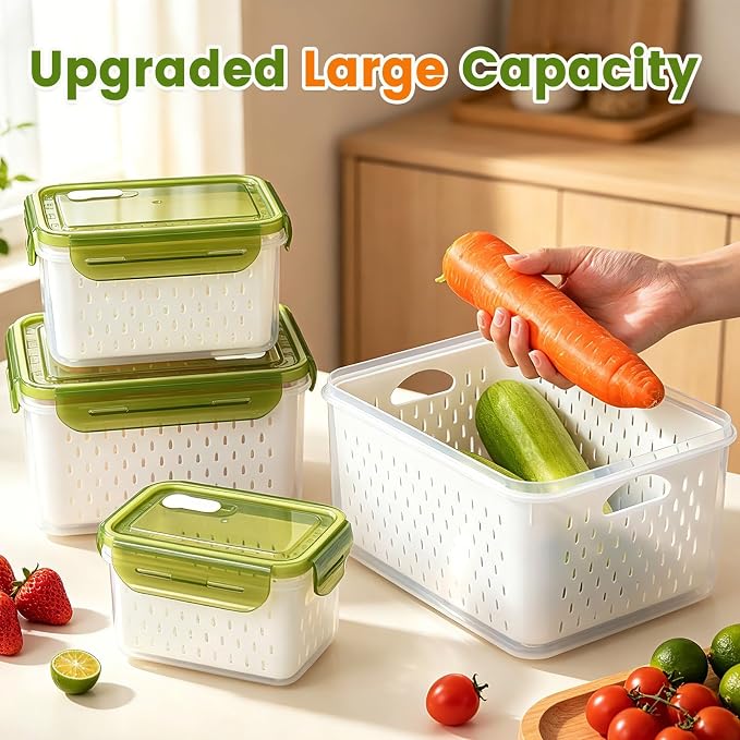 TBMax 8 Pieces Airtight Fruit Storage Containers for Fridge with Air Circulation Vent, 4 Pack Produce Saver with Colander for Berry Lettuce Salad Vegetable Storage, Refrigerator Organizers