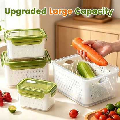 TBMax 8 Pieces Airtight Fruit Storage Containers for Fridge with Air Circulation Vent, 4 Pack Produce Saver with Colander for Berry Lettuce Salad Vegetable Storage, Refrigerator Organizers