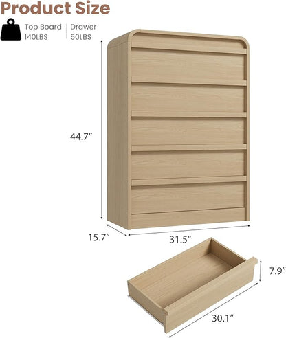 GarveeHome Arched 5 Drawer Dresser for Bedroom, 45in Tall Wooden 5 Chest of Drawers with Curved Profile Design, Modern Closet Storage Organizer for Living Room, Entryway, Nursery - Natural Oak