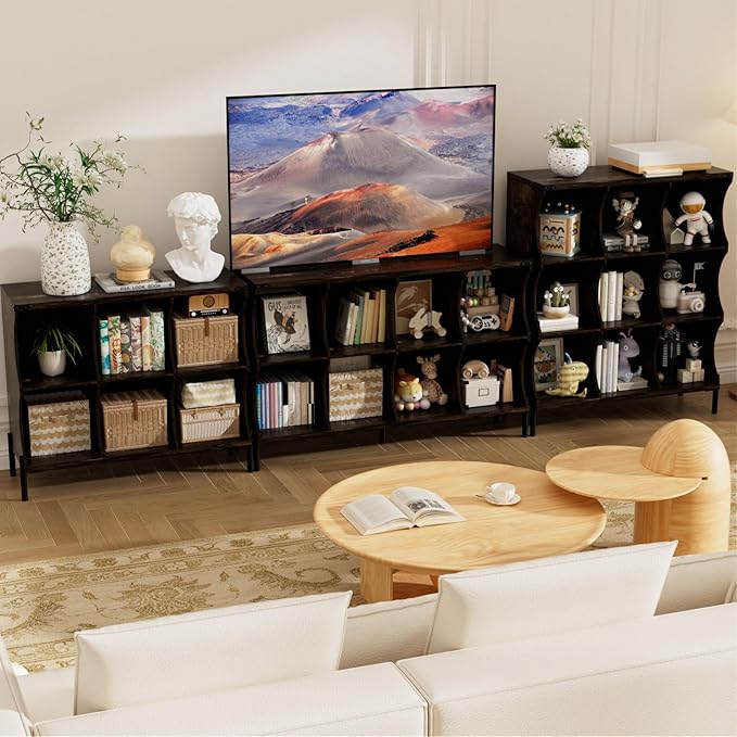 9 Cube Book Shelf, Low and Short Bookshelf, Long Cube Storage Organizer Wood TV Stand, Toy Organization DVD Cabinets for Living Room, Office, Bedroom, Dorm, Dark Brown with Dark Brown Top